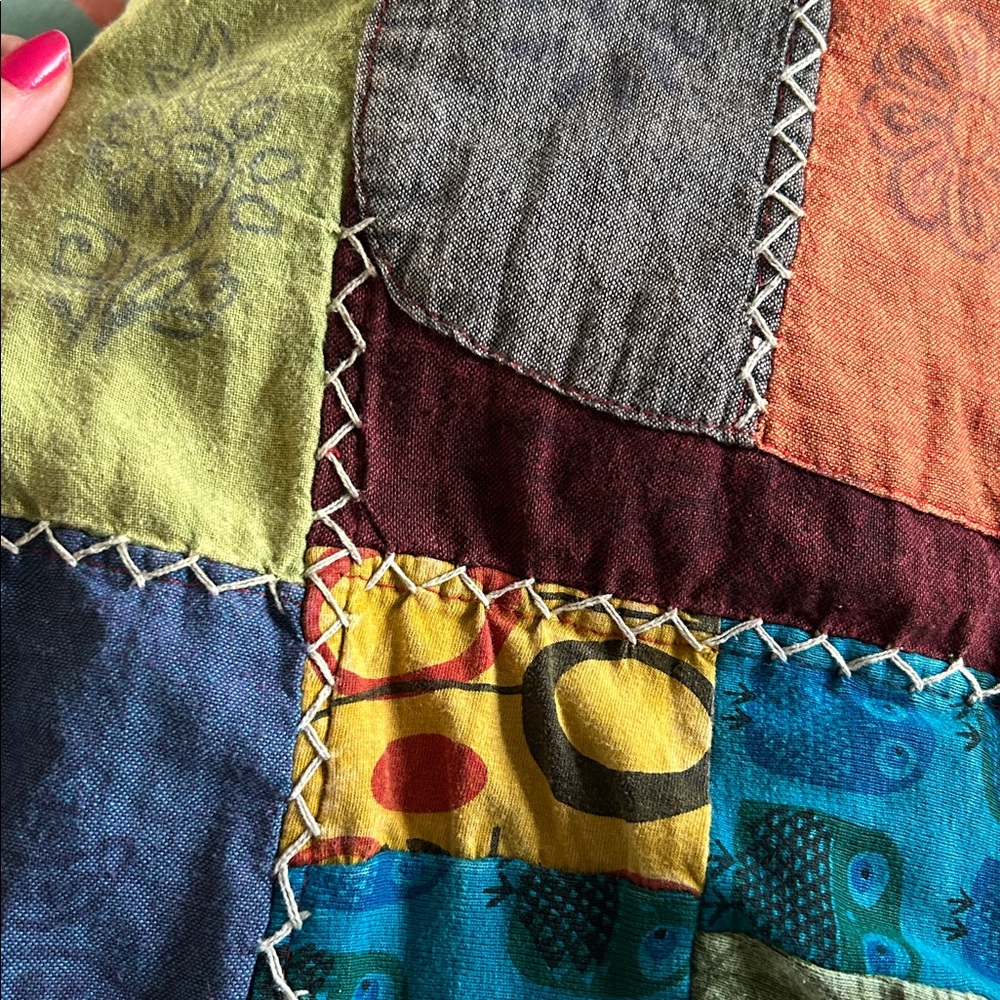Rising International Boho Hippie Quilt Cross Stitch Block Print Pattern Overalls - Picture 15 of 16